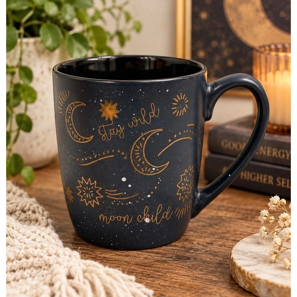 Stay Wild Moon Child Celestial Stars Sun Cosmic Coffee Mug Navy Blue Gold